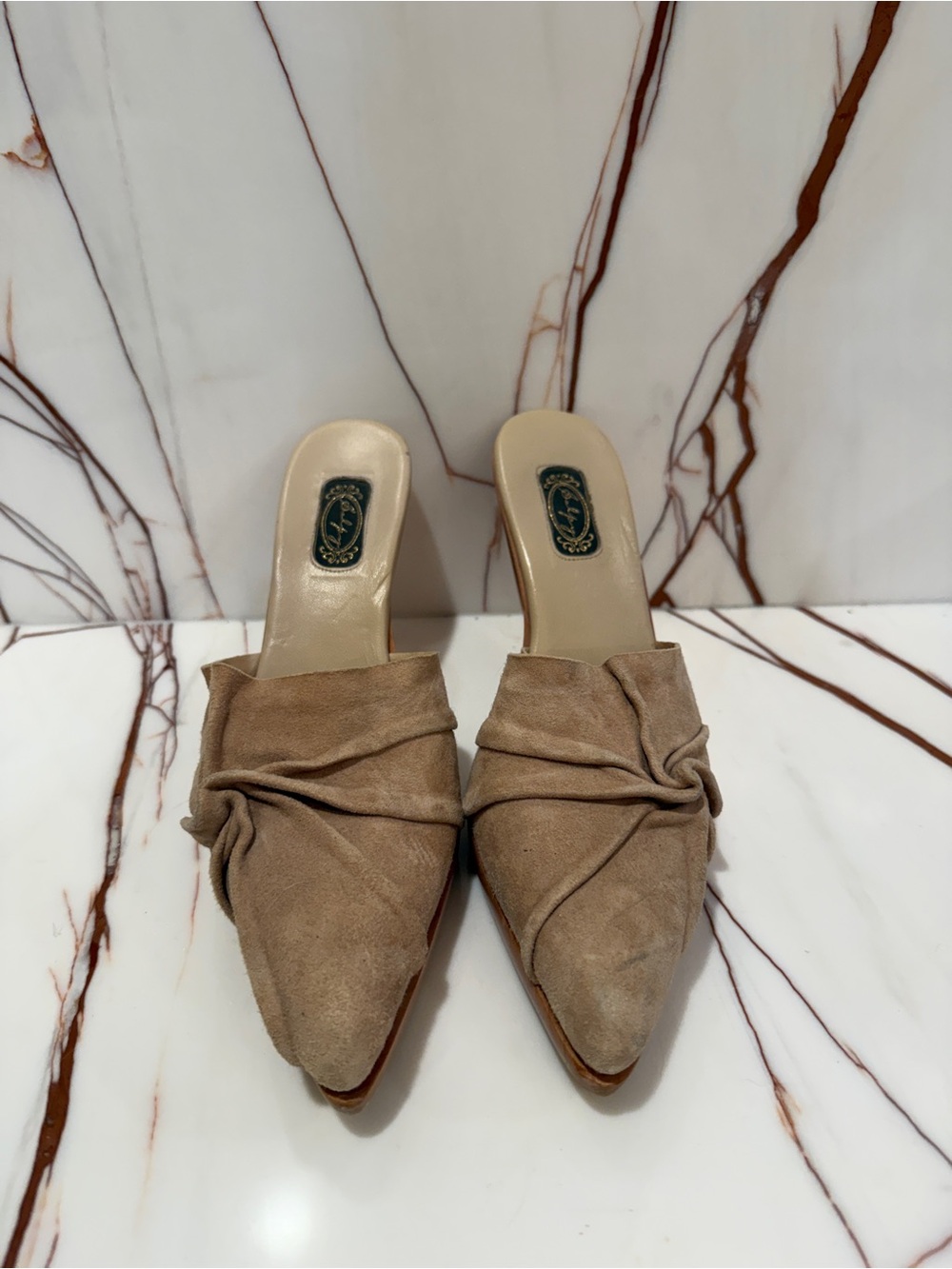 Knot-Accent Pointed Suede Mule in Taupe